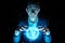 Man businessman holding hands over a blue glowing plasma sphere. Magic prediction and foresight in business and Finance