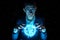 Man businessman holding hands over a blue glowing plasma sphere. Magic prediction and foresight in business and Finance