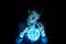 Man businessman holding hands over a blue glowing plasma sphere. Magic prediction and foresight in business and Finance