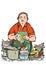 a man busy in the kitchen washes a mountain of dirty dishes.  illustration