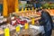 Man buy clams shells at fish market in little china shop in Manhattan , New York