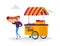 Man Buy Street Food, Takeaway Junk Meal from Wheeled Cafe or Food Truck. Tiny Male Character with Huge Hot Dog at Booth