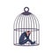 Man in a cage. Mental disorder concept. Depression and apathy.