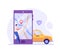 Man calling a taxi, checking where the car is. Concept of taxi service, geolocation, convenient use, car, driver. Vector