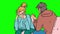 Man calms down a woman in stress looped cartoon animation isolated on green screen