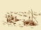 Man and camels at withered well in desert. Vector drawing