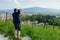 Man with camera taking photos Vineyard in Maribor in Slovenia