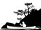 Man in canoe boat exploring wild river banks black and white vector silhoette