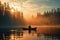 A man in canoe on a foggy tranquil lake with forest at sunrise. Winter