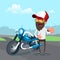 Man in cap holding the key of a new motorcycle, Cartoon Vector Illustration.