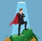 Man with cape standing in money mountain symbol of success businessman concept in cartoon illustration vector