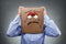 Man with cardboard box on his head showing sad expression