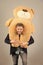 Man carries giant teddy bear on neck, grey background. Birthday gift concept. Teddy bear plush toy pleasant surprise