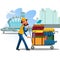 Man carries trolley with luggage for loading in airplane, transportation of suitcases and travel bags by attendants at