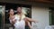 Man Carry Woman Outdoors On Terrace, Happy Couple In Love Talking Romantic Honeymoon Concept