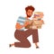 Man carrying cardboard boxes with household stuff. Apartment moving, house warming cartoon vector illustration