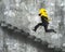 Man carrying golden Euro symbol running on old concrete stairs