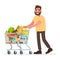 Man is carrying a grocery cart full of groceries in the supermarket. Vector illustration