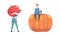 Man Carrying Huge Red Tomato on His Back and Sitting on Orange Pumpkin Vector Set