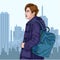 A man carrying a luggage to go abroad Illustration vector On pop art comic style Colorful city background