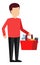 Man carrying red basket with groceries. Supermarket customer