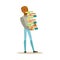 Man Carrying Tall Pile Of Books, Smiling Person In The Library Vector Illustration