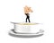 Man carrying wooden house balancing on spoon with soup bowl