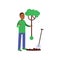 Man cartoon character planting a tree, contributing into environment preservation