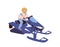Man cartoon character riding snowmobile enjoying outdoor winter recreation vector illustration