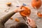 Man carving a pumpkin for the halloween party top view