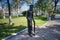 The man in the case in Chekhov Park in Yuzhno-Sakhalinsk city, Russia