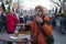 A man celebrating at a Christmas fair