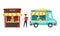 Man Character Buying Street Food at Coffee Stall and Truck Vector Set