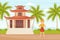 Man Character with Camera Near Temple in Vietnam Having Vacation Vector Illustration