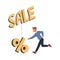 Man Character Chasing After Discount Percentage Sign on Hook Vector Illustration