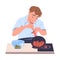 Man Character Cooking at Home Standing at Table with Bowl and Frying Pan Vector Illustration