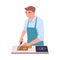 Man Character Cooking at Home Standing at Table Chopping Carrot with Knife Vector Illustration