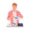 Man Character Cooking at Home Standing at Table Whisking Eggs in Cup Vector Illustration