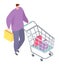 Man character hold shopping package, people young male purchase clothing, steel wheel cart isometric 3d vector