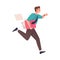 Man Character Hurrying Running Fast with Document Looking at Watch Feeling Panic of Being Late Vector Illustration