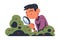 Man Character with Magnifying Glass Studying Nature Exploring Green Bush Vector Illustration