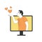 Man character sending blow air kiss hearts from screen. Positive feedback or online dating love message concept