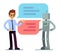 Man chatting and asking for help bot. Chatbot vector concept