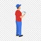 Man checking warehouse icon, isometric style