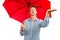 Man checking weather while holding red umbrella