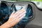 Man checking work of conditioner in car and illustration of cool air flow, closeup