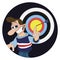 Man with a cheeky smile and big nose pointing at an arrow at the center of an archery board sticker label