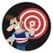 Man with a cheeky smile and big nose pointing at a dart board with 3 darts hitting bullseye round sticker label