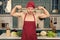 Man chef in apron on torso show biceps, triceps