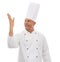 Man, chef and celebrating skill for taste, cooking or creation standing isolated on a white studio background. Happy